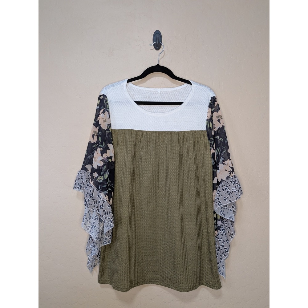 Unbranded Olive Green Waffle Knit Mixed Media Floral Leopard Bell Sleeve Top L